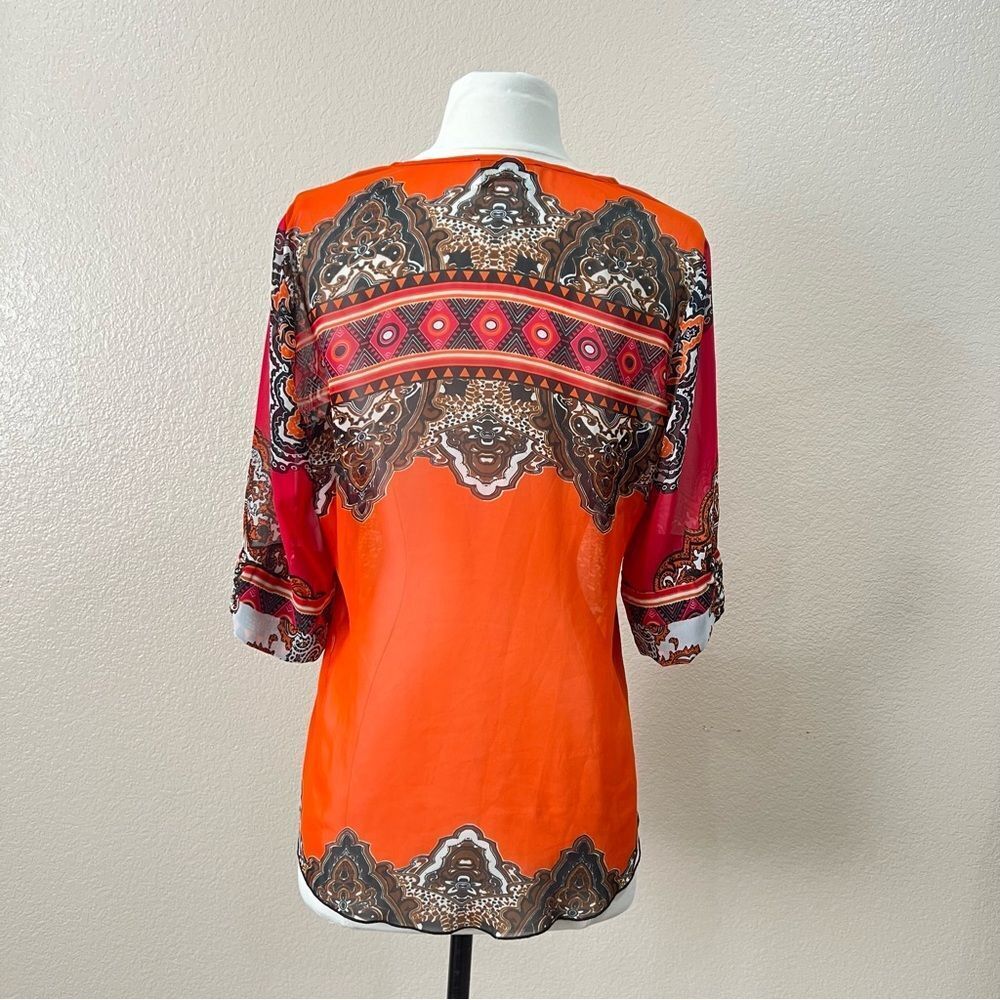 Joseph Ribkoff Colorful Sheer Blouse with Multicolored Rhinestones Size 6 - Picture 5 of 15